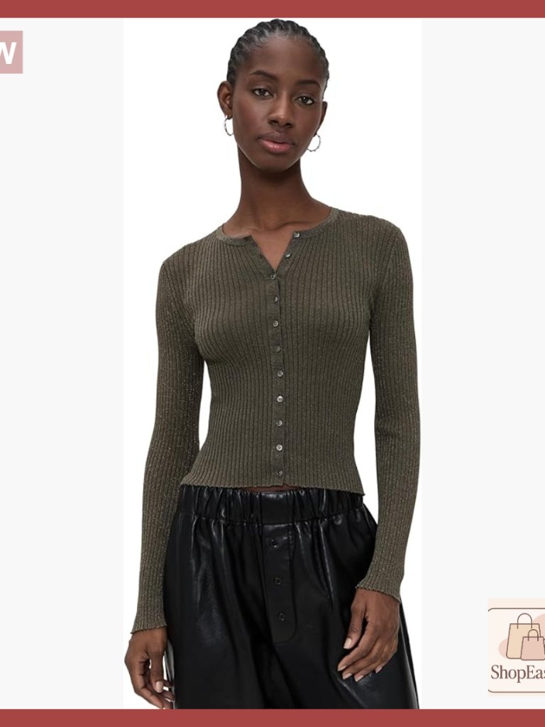 Ribbed Knit Cardigan Crew Neck Lightweight Stretch Chic Minimal Classic Sweater